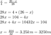 \frac{x}{4} = \frac{26-x}{28} \\ \\ 28x=4*(26-x) \\ 28x=104-4x \\ 28x+4x=104
32x=104 \\ \\ x= \frac{104}{32} =3.25 km=3250 m