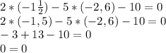 2*(-1 \frac{1}{2} )-5*(-2,6)-10=0\\
2*(-1,5)-5*(-2,6)-10=0\\
-3+13-10=0\\
0=0