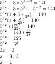 5^{3x}+3*5^{3x-2}=140\\
5^{3x}+3*5^{3x}-5^{-2}=140\\
5^{3x}(1+3* \frac{1}{5^2})=140\\
5^{3x}(1+ \frac{3}{25})=140\\
5^{3x}*( \frac{28}{25})=140\\
5^{3x}=140* \frac{25}{28}\\
5^{3x}=125\\
5^{3x}=5^3\\
3x=3\\
x=3:3\\
x=1