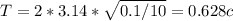 T= 2*3.14* \sqrt{0.1/10} = 0.628c