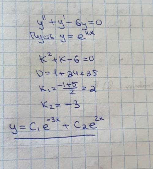 Решите линейное однородное дифференциальное уравнение 2-го порядка с постоянными коэффициентами:
