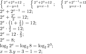 \left \{ {{2^x+2^y=12} \atop {x-y=1}} \right. ;\ \ \ \left \{ {{2^x+2^y=12} \atop {y=x-1}} \right.;\ \ \ \left \{ {{2^x+2^{x-1}=12} \atop {y=x-1}} \right. \\
 2^x+2^{x-1}=12;\\
2^x+\frac{2^x}{2}=12;\\
2^x\cdot\left(1+\frac12\right)=12;\\
2^x\cdot\frac32=12;\\
2^x=12\cdot\frac23;\\
2^x=8;\\
\log_22^x=\log_28=\log_22^3;\\
x=3.
y=3-1=2;\\
