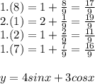1.(8)=1+\frac{8}{9}=\frac{17}{9}\\
2.(1)=2+\frac{1}{9}=\frac{19}{9}\\
1.(2)=1+\frac{2}{9}=\frac{11}{9}\\
1.(7)=1+\frac{7}{9}=\frac{16}{9}\\\\
y=4sinx+3cosx\\\\
