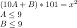 (10A+B)*101=x^2\\
 A \leq 9\\
B \leq 9\\
