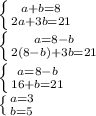 \left \{ {{a+b=8} \atop {2a+3b=21}} \right. 
 \\ \left \{ {{a=8-b}\atop {2(8-b)+3b=21}}\right.\\ \left \{ {{a=8-b}\atop{16+b=21}}\right.\\ \left \{ {{a=3} \atop {b=5}} \right.