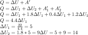 Q=\Delta U+A' \\ 
Q=\Delta U_1+\Delta U_2+A'_1+A'_2 \\ 
Q= \Delta U_1+1.8\Delta U_1+0.4\Delta U_1+1.2\Delta U_1 \\ 
Q=4.4\Delta U_1 \\ 
\Delta U_1= \frac{22}{4.4} =5 \\ 
\Delta U_2=1.8*5=9
\Delta U=5+9=14