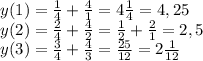y(1)= \frac{1}{4}+ \frac{4}{1}=4 \frac{1}{4}=4,25 \\ 
y(2)= \frac{2}{4} + \frac{4}{2}= \frac{1}{2}+ \frac{2}{1}=2,5 \\ 
y(3)= \frac{3}{4}+ \frac{4}{3}= \frac{25}{12} =2 \frac{1}{12}
