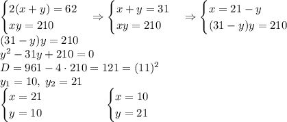 \begin{cases}2(x+y)=62\\xy=210\end{cases}\Rightarrow\begin{cases}x+y=31\\xy=210\end{cases}\Rightarrow\begin{cases}x=21-y\\(31-y)y=210\end{cases}\\(31-y)y=210\\y^2-31y+210=0\\D=961-4\cdot210=121=(11)^2\\y_1=10,\;y_2=21\\\begin{cases}x=21\\y=10\end{cases}\quad\quad\quad\
\quad\begin{cases}x=10\\y=21\end{cases}