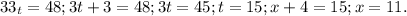 33_{t} = 48;
3t + 3 = 48; 3t = 45; t = 15; x + 4= 15; x = 11.