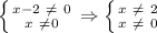 \left \{ {{x-2\ \neq \ 0} \atop {x\ \neq 0}} \right. \Rightarrow \left \{ {{x\ \neq \ 2} \atop {x\ \neq \ 0}} 
