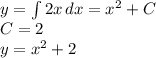 y= \int\limits^ {}2x \, dx= x^{2} +C \\ C=2 \\ y= x^{2}+2 
