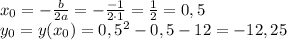 x_0=- \frac{b}{2a} =- \frac{-1}{2\cdot1} = \frac{1}{2} =0,5 \\\ y_0=y(x_0)=0,5^2-0,5-12=-12,25
