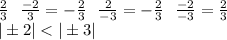 \frac{2}{3}\ \ \frac{-2}{3}=- \frac{2}{3} \ \ \frac{2}{-3}=- \frac{2}{3} \ \ \frac{-2}{-3}= \frac{2}{3} \\
|\pm2|