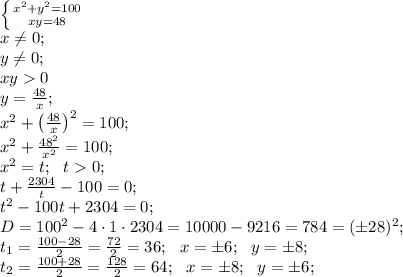 \left \{ {{x^2+y^2=100} \atop {xy=48}} \right.\\
x\neq0;\\y\neq0;\\xy0\\
y =\frac{48}{x};\\
x^2+\left(\frac{48}{x}\right)^2=100;\\
x^2+\frac{48^2}{x^2}=100;\\
x^2=t;\ \ t0;\\
t+\frac{2304}{t}-100=0;\\
t^2-100t+2304=0;\\
D=100^2-4\cdot1\cdot2304=10000-9216=784=(\pm28)^2;\\
t_1=\frac{100-28}{2}=\frac{72}{2}=36;\ \ x=\pm6;\ \ y=\pm8;\\
t_2=\frac{100+28}{2}=\frac{128}{2}=64;\ \ x=\pm8;\ \ y=\pm6;\\