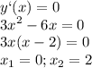 \displaystyle y`(x)=0\\ 3x^2-6x=0\\3x(x-2)=0\\x_1=0; x_2=2

