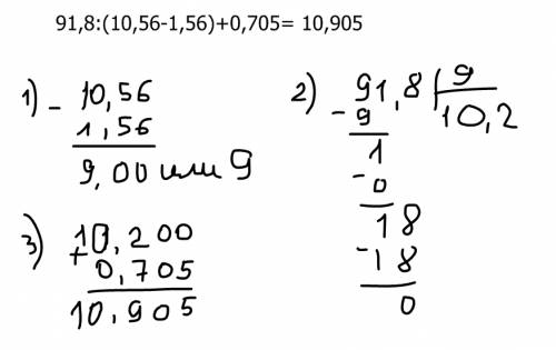 Решите пример 91,8: (10,56-1,56)+0,705.(в столбик)