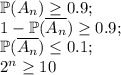 \mathbb{P}(A_n) \geq 0.9;\\ 1-\mathbb{P}(\overline{A_n}) \geq 0.9;\\ \mathbb{P}(\overline{A_n}) \leq 0.1;\\ 2^{n} \geq 10