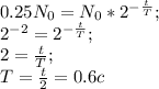 0.25N_0=N_0*2^{-\frac t T};\\
2^{-2}=2^{-\frac t T};\\
2=\frac t T;\\
T=\frac t 2=0.6 c