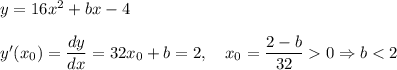 y = 16x^2 + bx - 4 \\ \\
y'(x_0) = \dfrac{dy}{dx} = 32x_0 + b = 2, \quad x_0 = \dfrac{2 - b}{32} 0 \Rightarrow b < 2