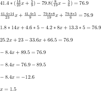 \\41.4*(\frac{14}{23}x+\frac{5}{9}) - 79.8(\frac{8}{19}x - \frac{5}{6}) = 76.9\\
\\\frac{41.4*14}{23}x + \frac{41.4*5}{9} - \frac{79.8*8}{19}x + \frac{79.8*5}6} = 76.9\\
\\1.8*14x + 4.6 * 5 - 4.2*8x + 13.3*5 = 76.9 \\
\\25.2x + 23 - 33.6x + 66.5 = 76.9\\
\\-8.4x+89.5 = 76.9\\
\\-8.4x = 76.9 - 89.5\\
\\-8.4x = -12.6\\
\\x = 1.5\\