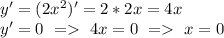 y'=(2x^2)'=2*2x=4x\\
y'=0\ =\ 4x=0\ =\ x=0
