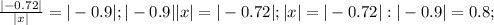\frac{|-0.72|}{|x|} =|-0.9|;
|-0.9||x|=|-0.72|;
|x|=|-0.72|:|-0.9|=0.8; 

