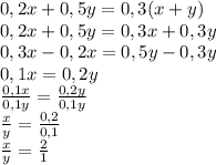 0,2x + 0,5y = 0,3(x + y) \\ 
0,2x + 0,5y = 0,3x + 0,3y \\ 
0,3x - 0,2x = 0,5y - 0,3y \\ 
0,1x = 0,2y \\ 
 \frac{0,1x }{0,1y} = \frac{0,2y}{0,1y} \\ 
 \frac{x }{y} = \frac{0,2}{0,1} \\ 
 \frac{x }{y} = \frac{2}{1} \\ 
