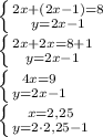 \left \{ {{2x+(2x-1)=8} \atop {y=2x-1 }} \right. \\ \left \{ {{2x+2x=8+1} \atop {y=2x-1 }} \right. \\ \left \{ {{4x=9} \atop {y=2x-1 }} \right. \\ \left \{ {{x=2,25} \atop {y=2\cdot2,25-1 }} \right. 

