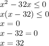 x^{2} -32x \leq 0 \\ x(x-32) \leq 0 \\ x=0 \\ x-32=0 \\ 
x=32