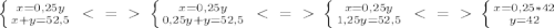 \left \{{{x=0,25y} \atop {x+y=52,5}} \right.\ \textless \ =\ \textgreater \ \left \{ {{x=0,25y}\atop {0,25y+y=52,5}}\right. 
 \ \textless \ =\ \textgreater \ \left \{ {{x=0,25y} \atop {1,25y=52,5}} \right. 
\ \textless \ =\ \textgreater \ \left \{ {x=0,25*42} \atop {y=42}} \right.