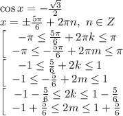 \cos x=- \frac{\sqrt{3}}{2}
\\\
x=\pm \frac{5 \pi }{6}+2\pi n, \ n \in Z
\\\
\left[\begin{array}$-\pi \leq \frac{5\pi}{6}+2\pi k\leq\pi \\-\pi \leq-\frac{5\pi}{6}+2\pi m\leq\pi \end{array}\right.
\\\
\left[\begin{array}$-1\leq\frac{5}{6}+2k\leq1\\-1\leq-\frac{5}{6}+2m \leq1\end{array}\right.
\\\
\left[\begin{array}$-1-\frac{5 }{6}\leq2k\leq1-\frac{5}{6}\\-1+\frac{5}{6}\leq2m\leq1+\frac{5}{6} \end{array}\right.