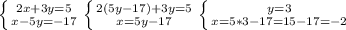 \left \{ {{2x+3y=5} \atop {x-5y=-17}} \right. 
 \left \{ {{2(5y-17)+3y=5} \atop {x=5y-17}} \right.
 \left \{ {{y=3} \atop {x=5*3-17=15-17=-2}} \right.