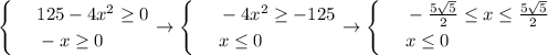 \begin{cases}
 & \text{ } 125-4x^2 \geq 0 \\ 
 & \text{ } -x \geq 0 
\end{cases}\to \begin{cases}
 & \text{ } -4x^2 \geq -125 \\ 
 & \text{ } x \leq 0 
\end{cases}\to \begin{cases}
 & \text{ } - \frac{5 \sqrt{5} }{2} \leq x \leq \frac{5 \sqrt{5} }{2} \\ 
 & \text{ } x \leq 0 
\end{cases}


