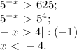 5^-^x \ \textgreater \ 625 ;
 \\ 5^-^x\ \textgreater \ 5^4;
 \\ -x\ \textgreater \ 4 |:(-1) \\ x\ \textless \ -4.