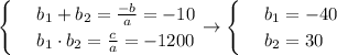\begin{cases}
 & \text{ } b_1+b_2= \frac{-b}{a}=-10 \\ 
 & \text{ } b_1\cdot b_2= \frac{c}{a}=-1200 
\end{cases}\to \begin{cases}
 & \text{ } b_1=-40 \\ 
 & \text{ } b_2=30 
\end{cases}

