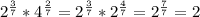 2^{ \frac{3}{7} } * 4^{ \frac{2}{7} } = 2^{ \frac{3}{7} } * 2^{ \frac{4}{7} } = 2^{ \frac{7}{7} } =2