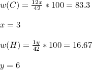 w(C)= \frac{12x}{42}*100=83.3 \\ \\ 
x= 3\\ \\ 
w(H)= \frac{1y}{42} *100=16.67 \\ \\ 
y=6