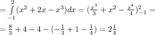 \\ \\ = \int\limits^2_{-1} ( x^{2} +2x- x^{3}) dx =( \frac{ x^{3} 
}{3}+ x^{2} - \frac{ x^{4} }{4}) ^2_{-1}= \\ \\ = \frac{8}{3}+4-4-(- 
\frac{1}{3}+1- \frac{1}{4})=2 \frac{1}{4}