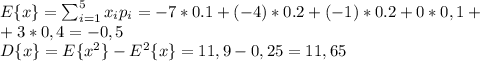 E\{x\}=\sum^5_{i=1}x_ip_i=-7*0.1+(-4)*0.2+(-1)*0.2+0*0,1+\\
+3*0,4=-0,5\\
D\{x\}=E\{x^2\}-E^2\{x\}=11,9-0,25=11,65