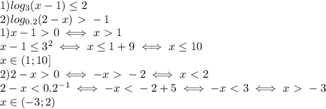 1) log_3(x-1) \leq 2 \\ 
2) log_{0.2}(2-x)\ \textgreater \ -1 \\ 
1) x-1\ \textgreater \ 0 \iff x\ \textgreater \ 1 \\ 
x-1 \leq 3^2 \iff x \leq 1+9 \iff x \leq 10 \\ 
x \in (1;10] \\ 
2) 2-x\ \textgreater \ 0 \iff -x\ \textgreater \ -2 \iff x\ \textless \ 2 \\ 
2-x\ \textless \ 0.2^{-1} \iff -x\ \textless \ -2+5 \iff -x\ \textless \ 3 \iff x\ \textgreater \ -3 \\ 
x \in(-3;2)