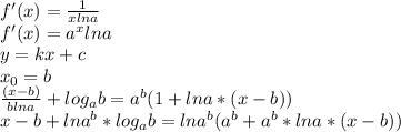 f'(x) = \frac{1}{x lna} \\
 f'(x)=a^xlna \\ 
 y=kx+c \\ 
 x_{0}=b \\
 \frac{ (x-b)}{blna}+log_{a}b = a^{b}(1 + lna*(x-b)) \\ 
 x-b +lna^b*log_{a}b = lna^b(a^b+a^b*lna*(x-b)) \\
 \\
