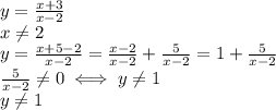 y= \frac{x+3}{x-2} \\ x \neq 2 
\\y= \frac{x+5-2}{x-2}= \frac{x-2}{x-2}+ \frac{5}{x-2}=1+ \frac{5}{x-2} \\ 
 \frac{5}{x-2} \neq 0 \iff y\neq 1 \\ y \neq 1