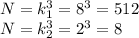 N=k_1^3=8^3=512 \newline
N=k_2^3=2^3=8