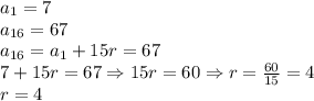 a_1=7 \\ a_{16}=67 \\ 
a_{16}=a_1+15r=67 \\ 
7+15r=67 \Rightarrow 15r=60 \Rightarrow r= \frac{60}{15}=4 \\ 
r=4