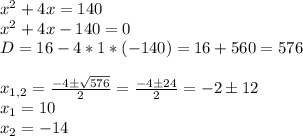 x^2+4x=140 \newline
x^2+4x-140=0 \newline
D=16-4*1*(-140)=16+560=576 \newline \newline
x_{1,2}= \frac{-4 \pm \sqrt{576} }{2} =\frac{-4 \pm 24 }{2} =-2 \pm 12 \newline
x_1=10 \newline
x_2=-14
