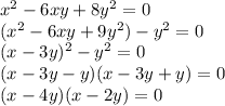 x^2-6xy+8y^2=0 \\ (x^2-6xy+9y^2)-y^2=0 \\ (x-3y)^2-y^2=0 \\ 
(x-3y-y)(x-3y+y)=0\\ (x-4y)(x-2y)=0