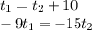 t_1=t_2+10\newline 
-9t_1=-15t_2