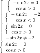 \left[\begin{array}$ \left\{\begin{array}$ -\sin2x=0 \\ \cos x\ \textgreater \ 0 \end{array}\right. \\ \left\{\begin{array}$ -\sin2x=-2 \\ \cos x\ \textless \ 0 \end{array}\right. \end{array}\right.
\\\
\left[\begin{array}$ \left\{\begin{array}$ \sin2x=0 \\ \cos x\ \textgreater \ 0 \end{array}\right. \\ -\sin2x \neq -2 \right. \end{array}\right.
\\\
\left\{\begin{array}$ \sin2x=0 \\ \cos x\ \textgreater \ 0 \end{array}\right.