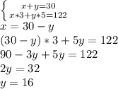 \left \{ {{x+y=30} \atop {x*3+y*5=122}} \right. \\ 
x=30-y \\ 
(30-y)*3+5y=122 \\ 90-3y+5y=122 \\ 
2y=32 \\ 
y=16