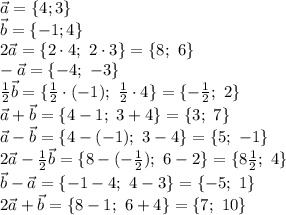 \vec{a}=\{4;3\}
\\\
\vec{b}=\{-1;4\}
\\\
2\vec{a}=\{2\cdot4;\ 2\cdot3\}=\{8;\ 6\}
\\\
-\vec{a}=\{-4;\ -3\}
\\\
 \frac{1}{2} \vec{b}=\{ \frac{1}{2}\cdot(-1) ;\ \frac{1}{2}\cdot4\}=\{- \frac{1}{2} ;\ 2\}
\\\
\vec{a}+\vec{b}=\{4-1;\ 3+4\}=\{3;\ 7\}
\\\
\vec{a}-\vec{b}=\{4-(-1);\ 3-4\}=\{5;\ -1\}
\\\
2\vec{a}- \frac{1}{2} \vec{b}=\{8-(- \frac{1}{2}) ;\ 6-2\}=\{8\frac{1}{2} ;\ 4\}
\\\
\vec{b}-\vec{a}=\{-1-4;\ 4-3\}=\{-5;\ 1\}
\\\
2\vec{a}+\vec{b}=\{8-1;\ 6+4\}=\{7;\ 10\}